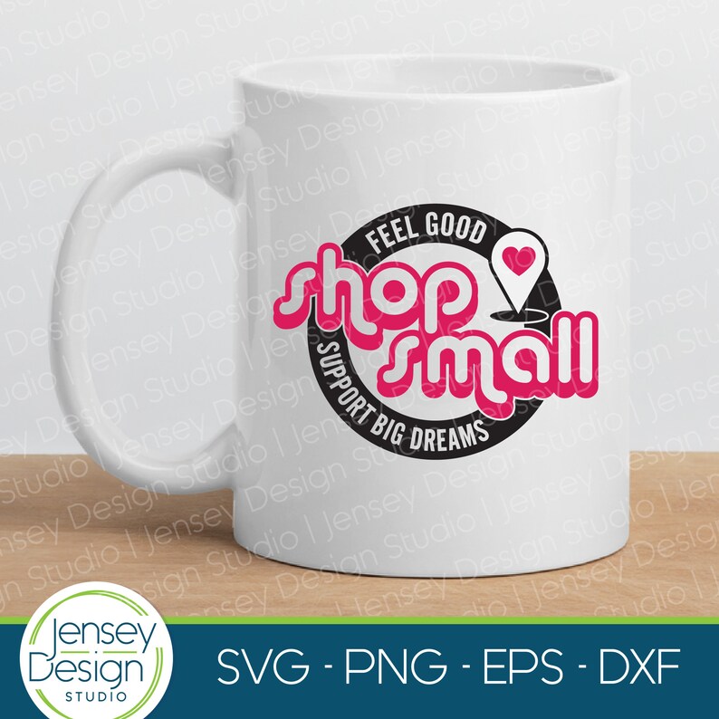 May include: White ceramic mug with a black and pink design that says "Feel Good Shop Small Support Big Dreams".