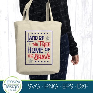 May include: A white tote bag with a red, white, and blue design that says "Land of the Free Home of the Brave".