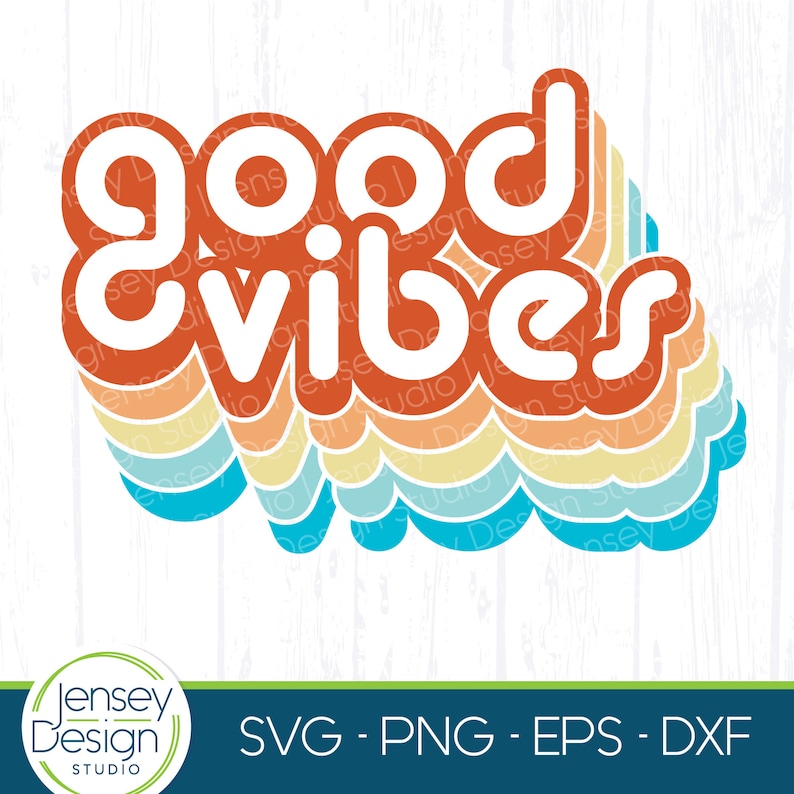May include: Good Vibes text in a retro style with a rainbow of colors behind it. The text is in a bold, white font with a red outline. The rainbow is made up of orange, yellow, light blue, and dark blue.