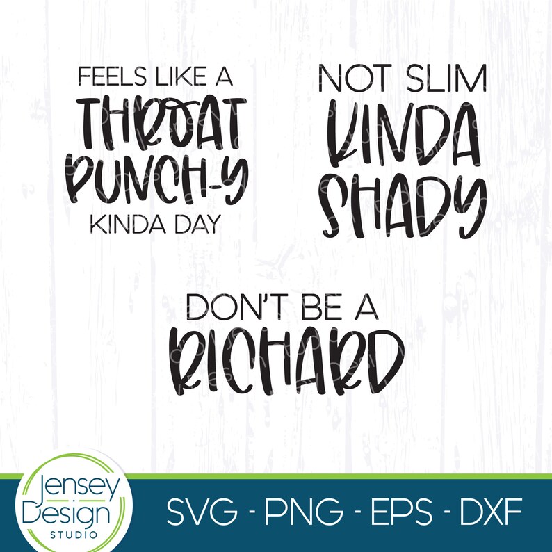 May include: Four black and white text-based designs for digital downloads. The designs read "Feels like a throat punch-y kinda day", "Not slim kinda shady", "Don't be a Richard", and "Jensey Design Studio SVG - PNG - EPS - DXF".