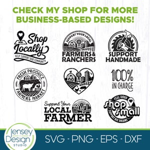 May include: A set of 8 black and white SVG cut files for crafting and design. The designs feature various phrases and images related to supporting local businesses, farmers, and handmade goods. The phrases include "Shop Locally", "Support Your Local Farmers & Ranchers", "Support Handmade", "Fresh Produce Farmers Market", "100% In Charge", "Support Your Local Farmer", and "Shop Small".
