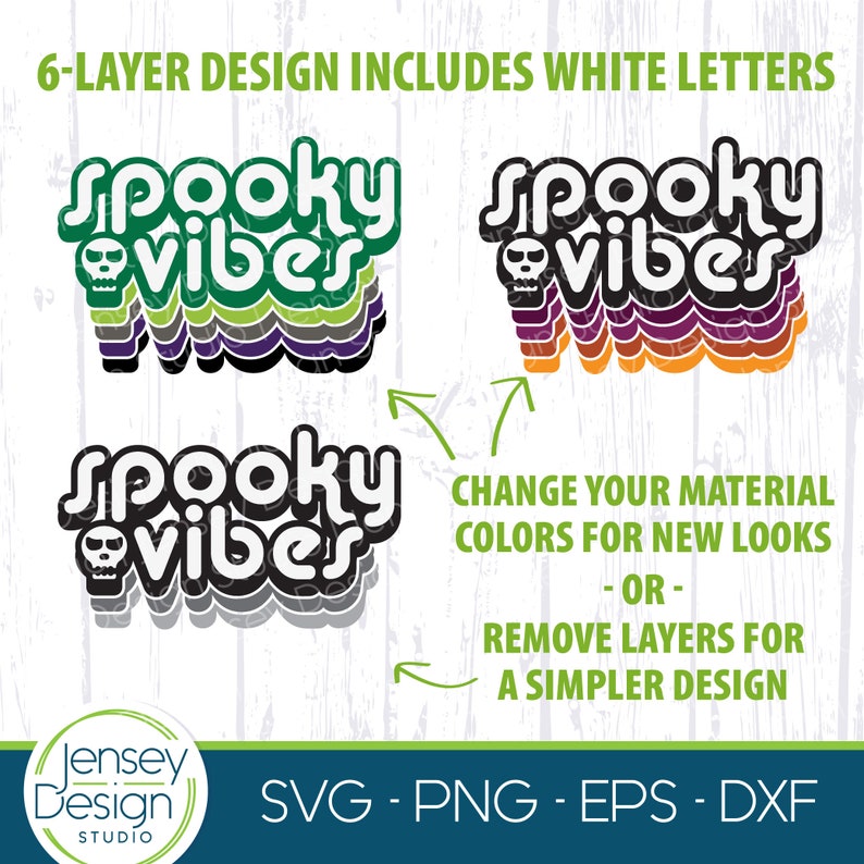 Puede incluir: Dise&ntilde;o en capas de Spooky Vibes con un gr&aacute;fico de calavera. El dise&ntilde;o est&aacute; disponible en formatos SVG, PNG, EPS y DXF. El dise&ntilde;o est&aacute; en capas para su personalizaci&oacute;n.