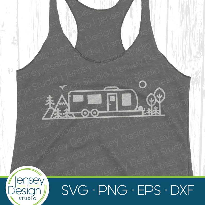 May include: A white outline of a camper van with a mountain and trees behind it. The design is on a gray tank top. The text "SVG - PNG - EPS - DXF" is at the bottom of the image.
