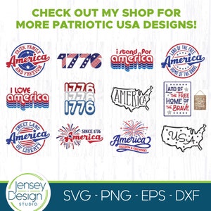 Puede incluir: Una colecci&oacute;n de 10 dise&ntilde;os patri&oacute;ticos con tem&aacute;tica de la bandera estadounidense con las palabras "America" y "USA" en varios estilos. Los dise&ntilde;os incluyen una combinaci&oacute;n de colores rojo, blanco y azul y presentan estrellas, rayas y fuegos artificiales.