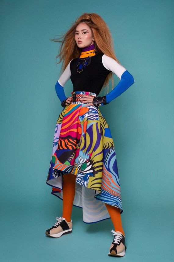 Colorful Neoprene Skirt Circle Skirt Asymmetrical Skirt Extravagant Skirt Avantgarde Clothing High Waist Skirt Neoprene Printed Skirt Etsy