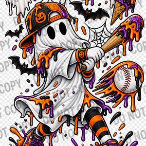 May include: A graphic illustration of a ghost wearing a baseball cap, holding a wooden bat, and swinging at a baseball. The ghost is covered in dripping orange and purple slime, wearing striped socks and sneakers with pumpkin accents.