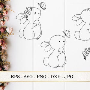 Lapin qui sent le papillon SVG, fichier de découpe lapin, animal mignon Png Jpg Eps Dxf, Silhouette de lapin