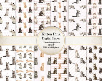May include: Twelve digital paper designs featuring a repeating pattern of kittens in various poses on a white background with pink accents. The patterns include polka dots, stripes, zigzags, and triangles.