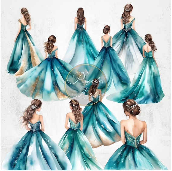 Clipart de acuarela de princesa con vestido verde azulado