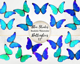 May include: A set of 12 watercolor butterfly illustrations in various shades of blue and green. The butterflies are arranged in a random pattern on a white background. The text "Blue Shades Realistic Watercolor Butterflies 12" is written in a circle in the center of the image.