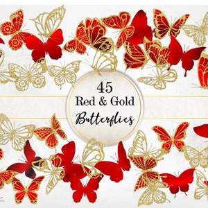 Rot und Gold Glitzer Schmetterlinge Bild Paket, Spitze Schmetterlinge Clipart, Goldener und Roter Metallic Schmetterling PNG Bild Bündel SI0082