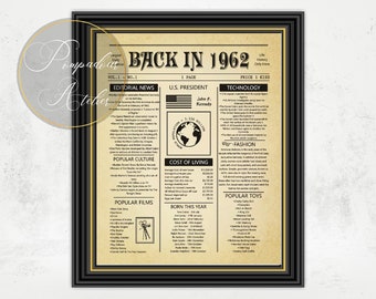 1962 Flashback,  Printable Back In 1962 Newspaper Poster, Vintage Poster,  Birthday Sign, Digital Birthday Gift