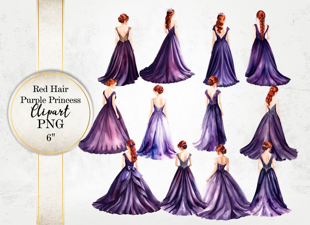 Purple Dress Red Hair Girls, Watercolor Clipart, Back View Princess ...