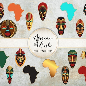 Pacchetto di immagini di maschere in lamina d'oro africana, Clipart Africa, Immagine PNG a tema africano, Eps, Svg, Grafica png, Uso commerciale SI0006