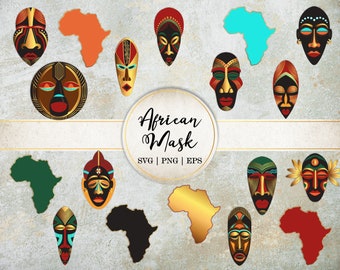 African gold foil mask image pack,  Africa Clipart, African Theme PNG Image, Eps, Svg, Png graphics, Commercial use SI0006