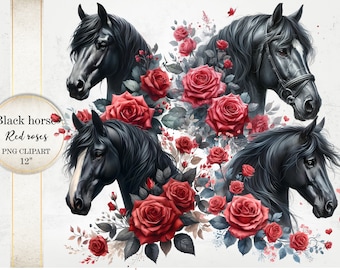 Clipart aquarel zwart paard en rode rozen, transparante png's, cliparts schoonheidsdieren en overlay