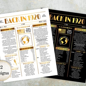 Back in 1920 Poster, 1920 Birthday Sign, 1920 Facts, Party Decoration, Flashback 1920, Modern Printable Gift