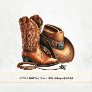 Botas de Cowboy Aquarela e Chapéu PNG, Rodeo Clipart, Imagens de Pacotes de País, Arquivos de Sublimação Ocidental