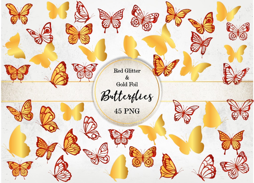 Red and Gold Butterflies Image Set, Red Lace Butterflies Clipart, Gold