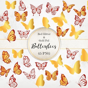 Red and Gold Butterflies Image Set, Red Lace Butterflies Clipart, Gold Butterfly PNG Image, PNG graphics, Commercial use