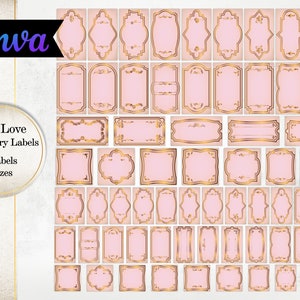 Molduras rosa e douradas editáveis Etiquetas de boticário, em branco e editáveis no Canva Etiquetas vintage de boticário, folha de colagem para impressão