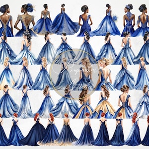 Ander haar achteraanzicht prinses, koningsblauwe jurk prinses aquarel clipart, aquarel blauwe jurk Sweet Sixteen bruidsmeisje bruidsmeisje, png-bestanden