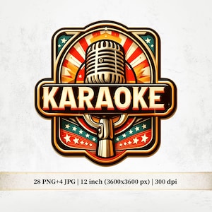 May include: A vintage-style karaoke logo featuring a microphone in front of a burst of orange and red rays. The word "KARAOKE" is displayed in bold letters. The design includes stars and a decorative border.