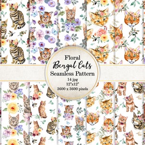 Bengal Cats and Flowers Seamless Pattern Pack, Digital Paper Bundle, Cat Theme Paper, Scrapbook Papers