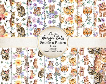 Bengal Cats and Flowers Seamless Pattern Pack, Digital Paper Bundle, Cat Theme Paper, Scrapbook Papers