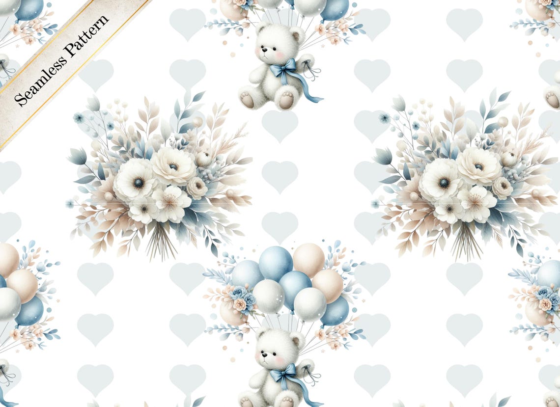 Blue Teddy Bear Digital Paper Pack: Seamless Scrapbook Patterns ...