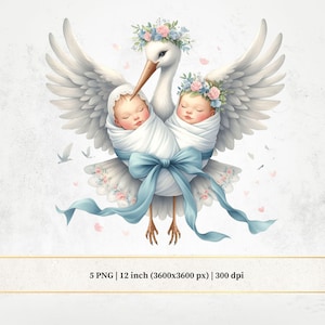 Ooievaar levert baby tweeling jongen clipart, blauwe pasgeboren baby png, aquarel ooievaar, aquarel sprookjes kinderkamer kunst, kaarten maken