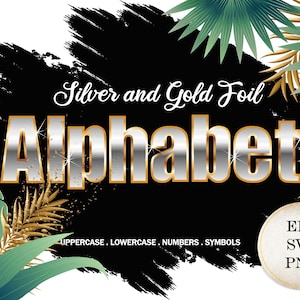 Alphabet argenté avec bordure en feuille d'or SVG, lettres argent et or, chiffres et symboles, police métallique Image PNG, SI0033