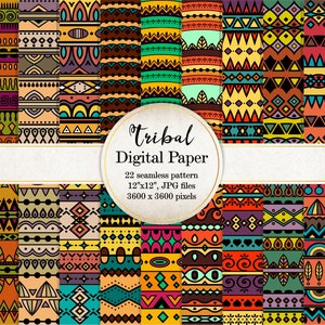 May include: A set of 22 digital papers featuring tribal patterns in bright colors like red, yellow, blue, green, and brown. The patterns are geometric and include stripes, zigzags, and dots. The papers are 12 inches by 12 inches and 3600 pixels by 3600 pixels.