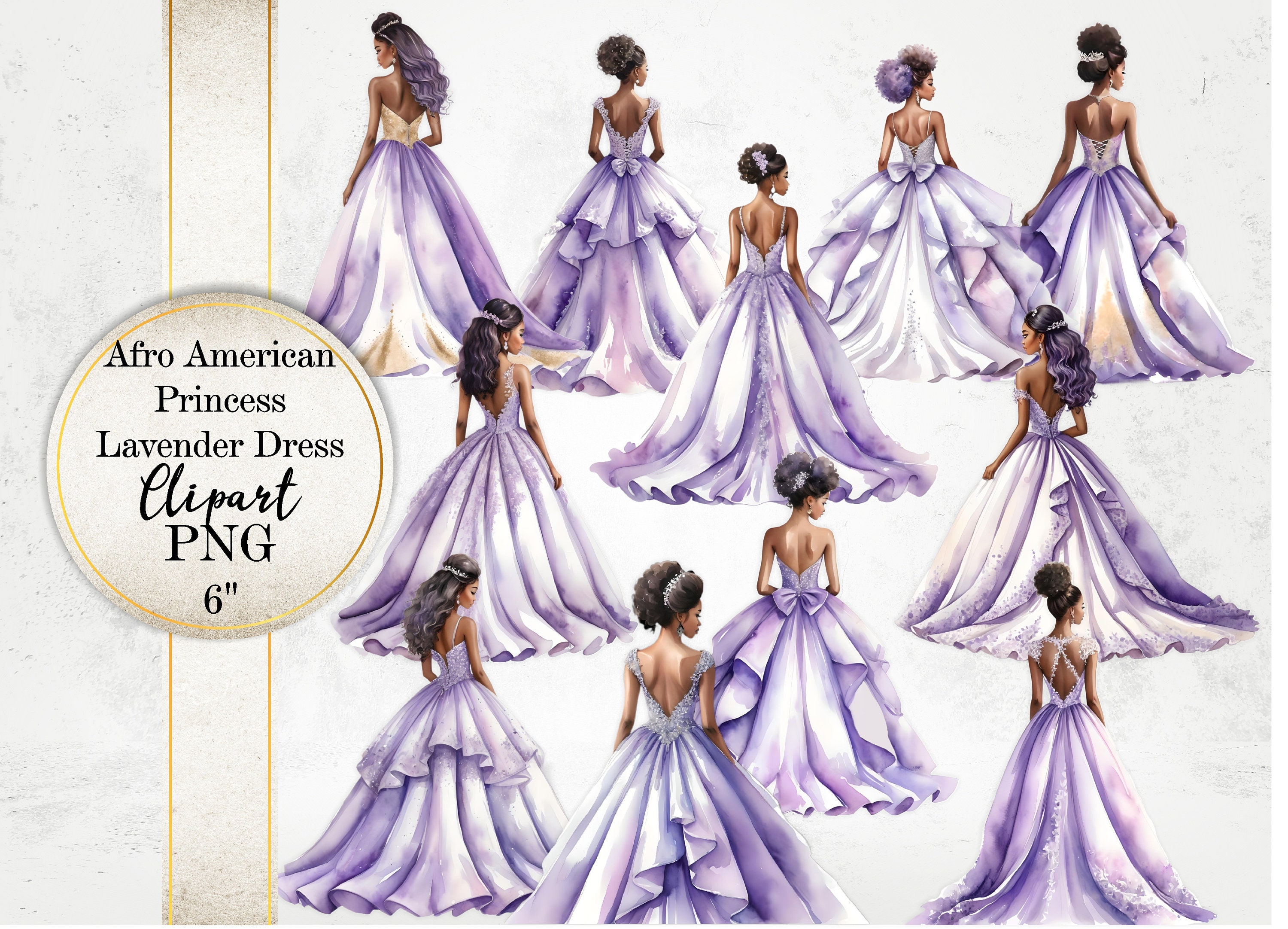 Lavender Princess Watercolor Clipart: Afro American Bridesmaid Dresses (PNG  Files)