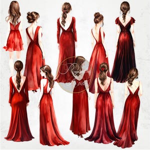 Cheveux bruns vue de dos jeune femme, Clipart aquarelle Noël rouge, robe de soirée fille rouge, fichiers PNG