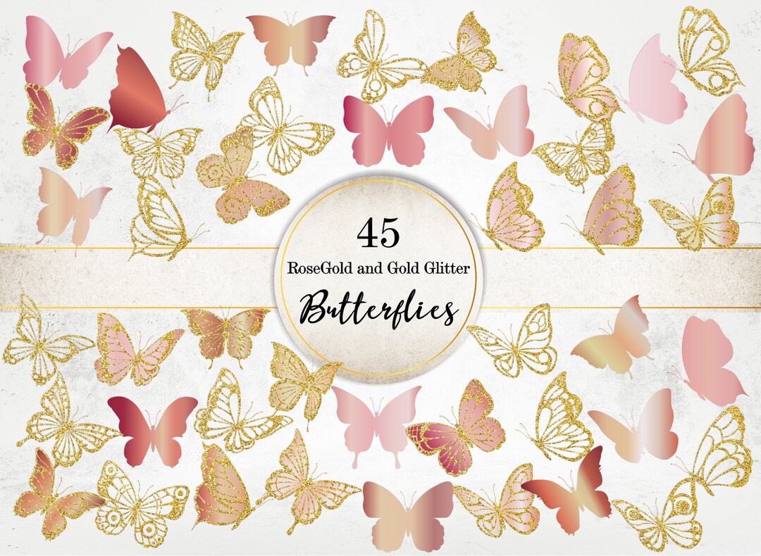 Rose Gold and Gold Glitter Butterflies Image Pack, Lace Butterflies