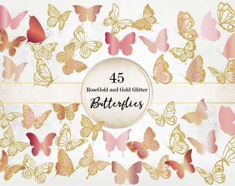 Gold Glitter Butterflies Clipart: Rose Gold, Lace, Metallic PNG (Digital Download)