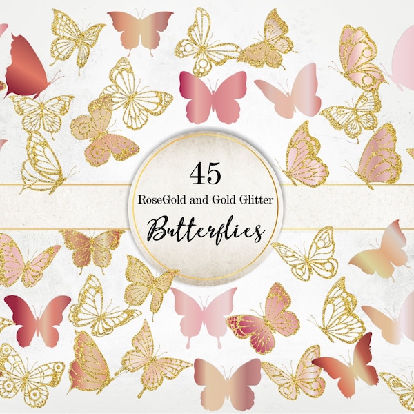 Rose Gold and Gold Glitter Butterflies Image Pack, Lace Butterflies Clipart, Golden and Pink Mettalic Butterfly PNG Image Bundle SI0072
