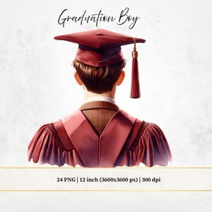 Clipart Graduation Boy, Chłopcy w bordowym stroju, Inny rodzaj włosów, Widok z tyłu młodego mężczyzny, Pliki sublimacji PNG
