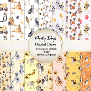 Pack de papier numérique Party Dogs, modèle sans couture de Party Dogs, album de fête d'anniversaire chiot aquarelle, amoureux des chiens SI0016
