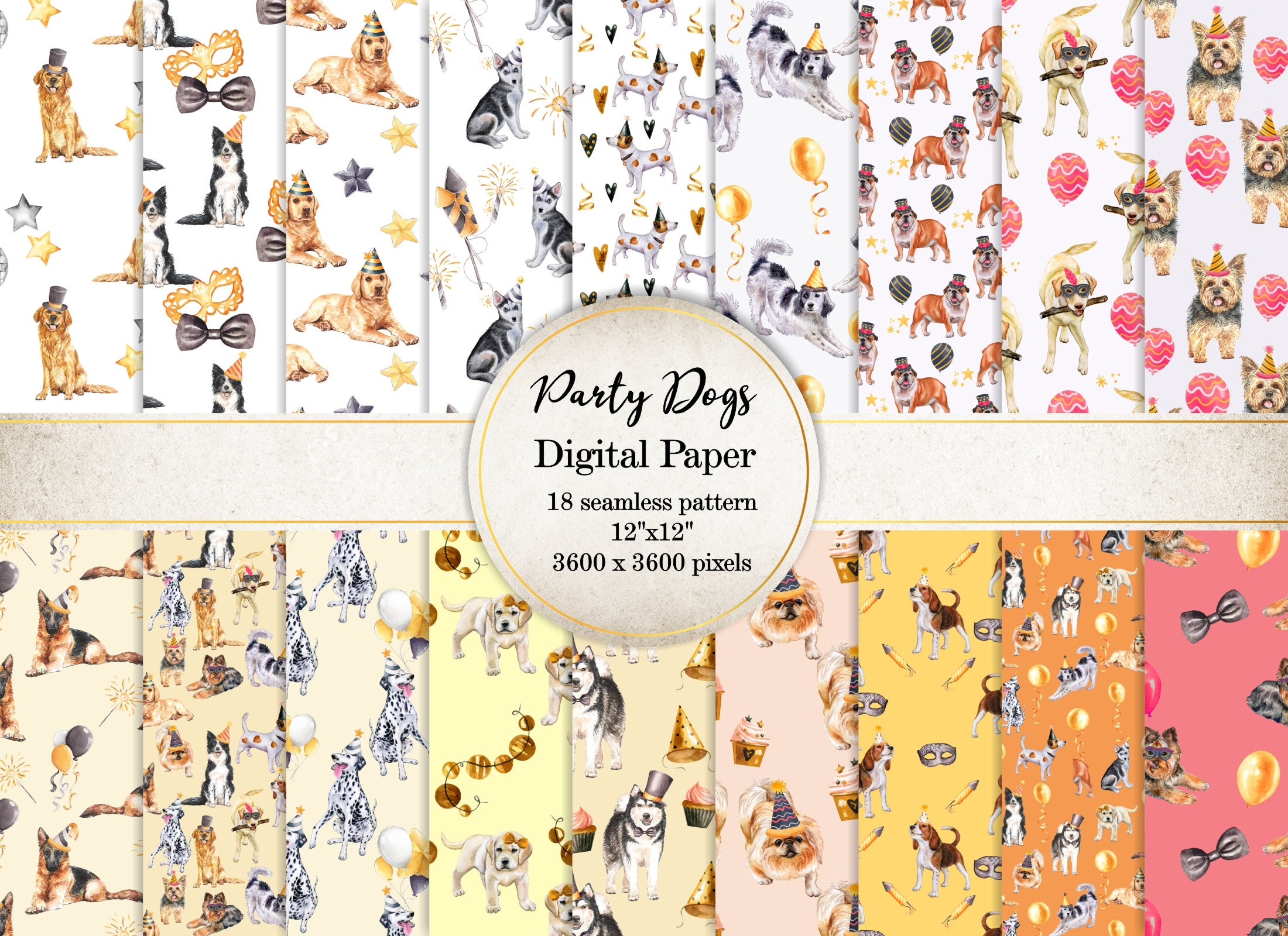 Buy Party Dogs Digital Paper Pack, Party Dogs Seamless Pattern, Watercolor  Puppy Birthday Party Scrapbook, Dog Lovers SI0016 Online in India 