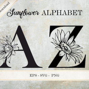 Alfabeto girasole SVG, lettere A-Z monogramma, immagine PNG carattere, lettere dell'alfabeto con girasoli