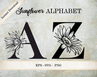 Alphabet tournesol SVG, monogramme lettres de A à Z, police PNG Image, lettrage de l'alphabet avec tournesols