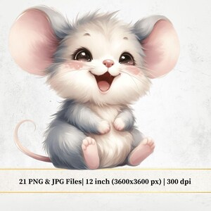 Aquarelle bébé souris PNG, Clipart mignon petite souris, Images d'art animalier de chambre d'enfant, Illustrations pour baby shower, fichiers pour sublimation
