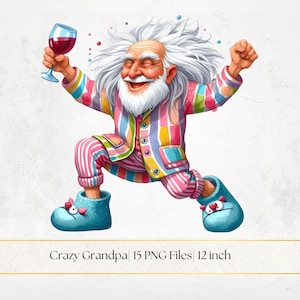 Crazy Grandpa, Old Men in Pajamas, Funny Grandfather Clipart, Watercolor Clipart, 15 PNG Files for Sublimation
