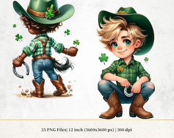 Watercolor Western Style Cowboy Clipart, Printable Western St Patricks Png Day Png, Cute Decorative Art Download, Lucky Shamrock Cowboy
