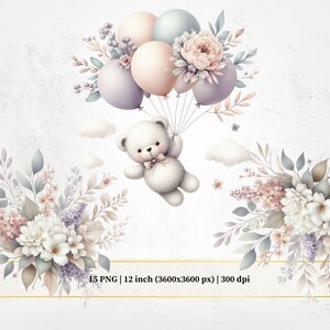 Clipart de oso de peluche con globos lilas, oso bebé floral morado claro y neutro PNG, arte de acuarela para niña de guardería