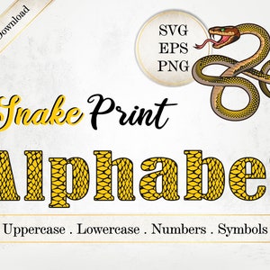 Alfabeto de impressão de cobra amarela SVG, letras de impressão animal, números e símbolos, Svg Eps Png alfabeto letras gráficos SI0037