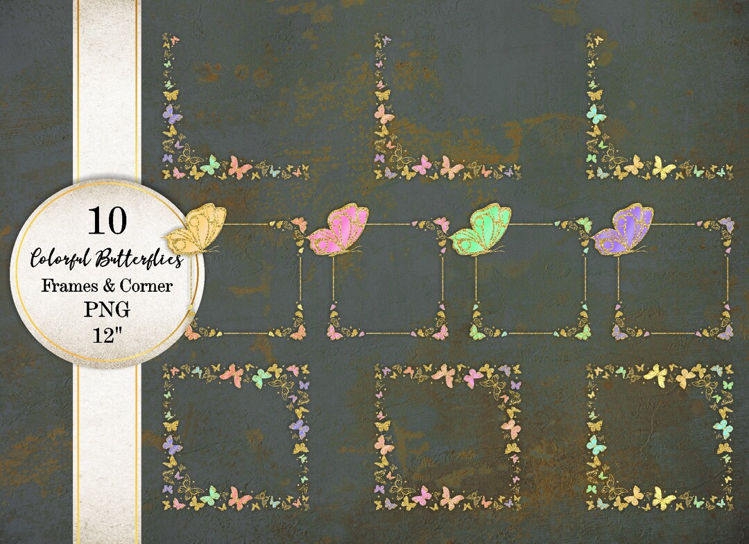 Gold Glitter Butterfly Frames: Colorful PNG Illustrations (digital ...