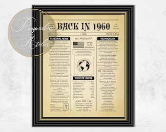 Back In 1960 Printable Sign, Newspaper Style Poster, 1960 Birthday Decoration, Digital Flashback 1960, Birthday Gift